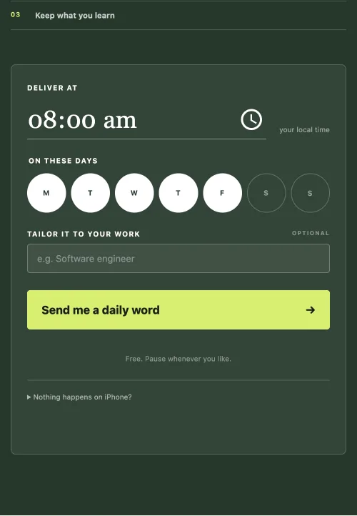 The signup card with a delivery time, day toggles and a field for tailoring words to your work